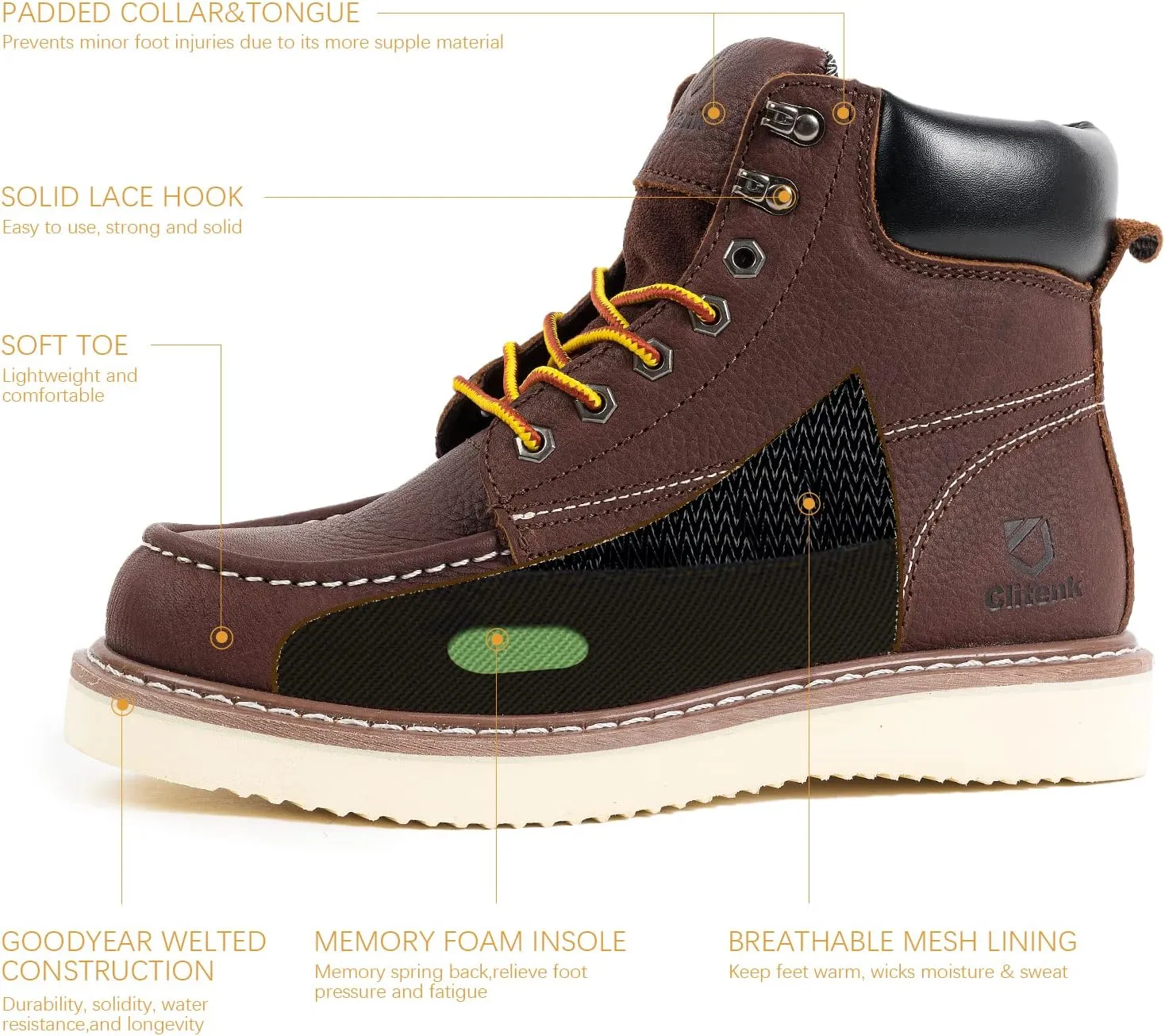 Work Boots Men MOC TOE, Soft Toe 6” Full Grain Leather Breathable Water Resistant, Non Slip Wedge Comfortable Mens Work Boots Lightweight