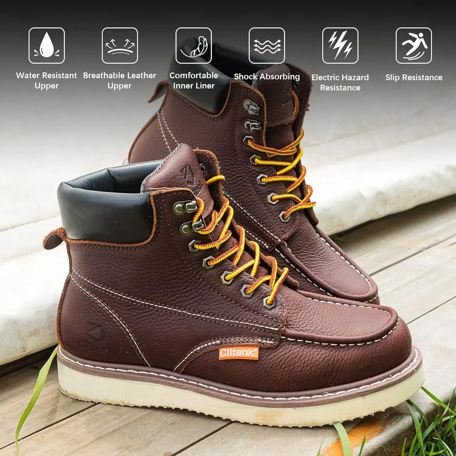 Work Boots Men MOC TOE, Soft Toe 6” Full Grain Leather Breathable Water Resistant, Non Slip Wedge Comfortable Mens Work Boots Lightweight