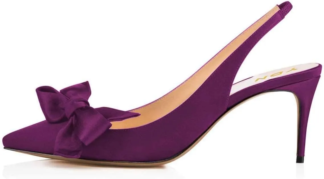 YDN Women Pointed Toe Bow Slingback Slip on Pumps Stiletto Mid Heels Evening Prom Satin Sandals Dress Shoes Size 4-16 US