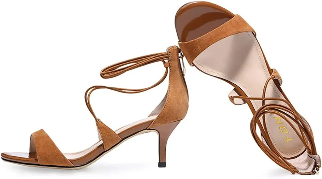 YDN Women's Open Toe Kitten Low Heel Sandals Lace up Zip Back Summer Dress Shoes Size 4-15 US