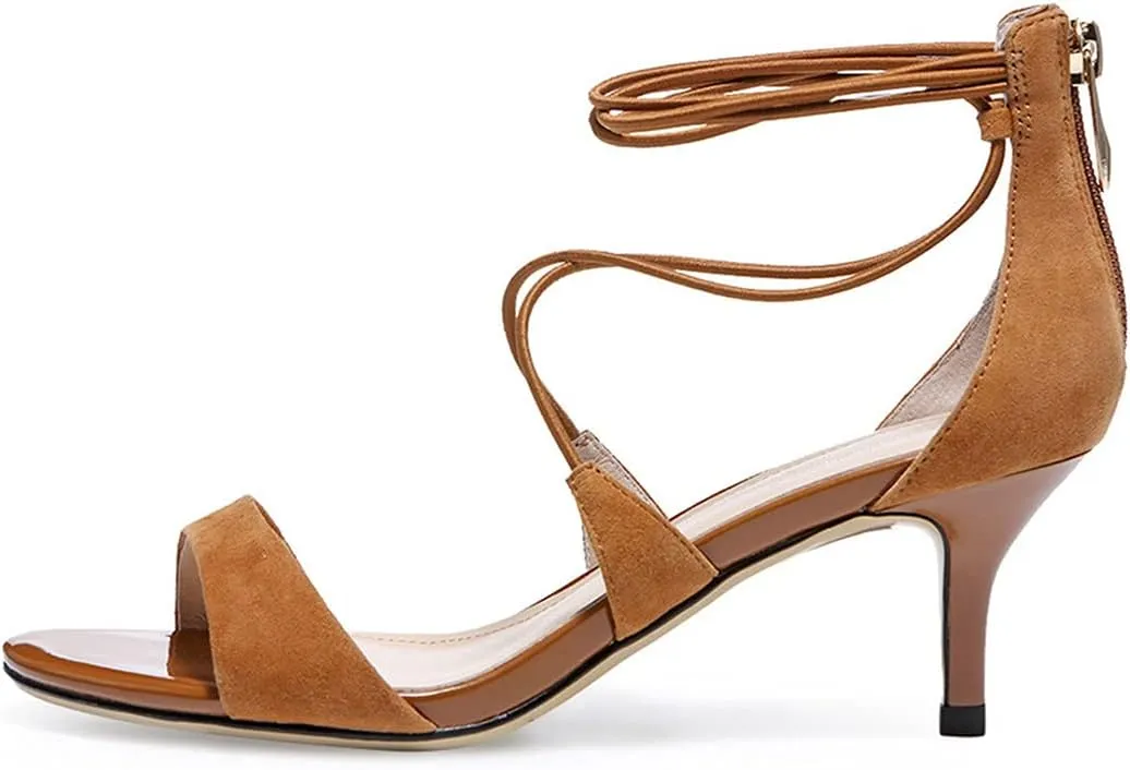 YDN Women's Open Toe Kitten Low Heel Sandals Lace up Zip Back Summer Dress Shoes Size 4-15 US