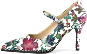 YODEKS Mary Jane Pumps for Women Stiletto High Heels Pointed Closed Toe 3.5 Inch Sliver Beaded Matte Court Shoes