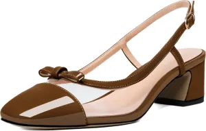 YODEKS Womens Slingback Heels Cap Toe Shoes Low Block Heel Clear Pumps Square Toe Buckle Dress Shoes 2 Inch for Office Party