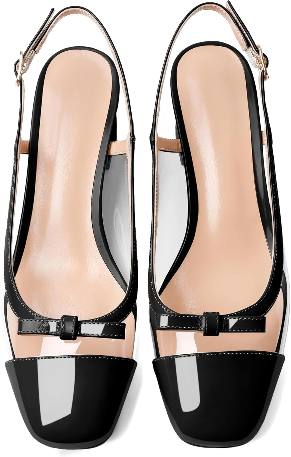 YODEKS Womens Slingback Heels Cap Toe Shoes Low Block Heel Clear Pumps Square Toe Buckle Dress Shoes 2 Inch for Office Party