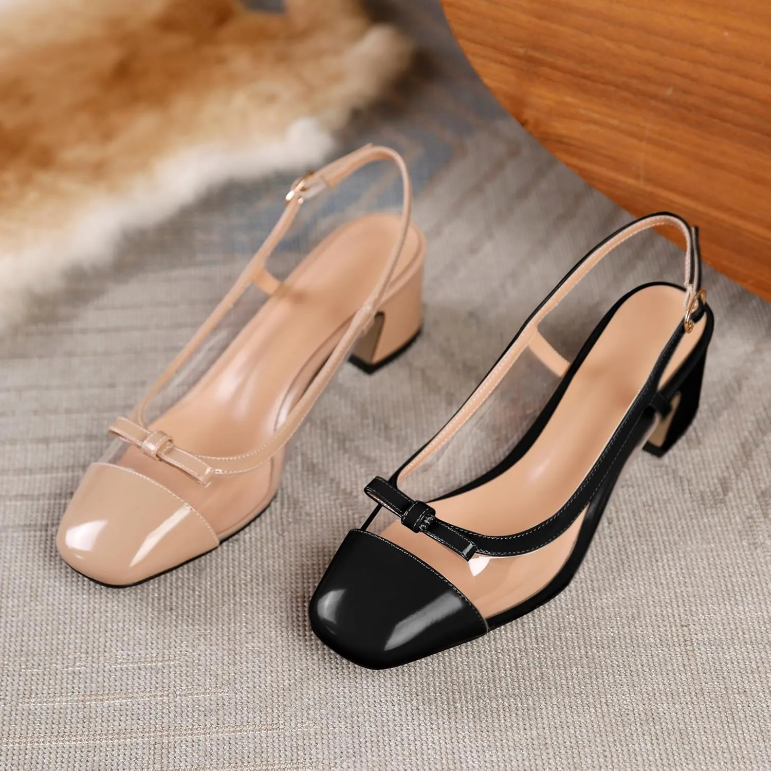YODEKS Womens Slingback Heels Cap Toe Shoes Low Block Heel Clear Pumps Square Toe Buckle Dress Shoes 2 Inch for Office Party