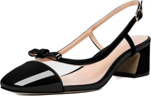 YODEKS Womens Slingback Heels Cap Toe Shoes Low Block Heel Clear Pumps Square Toe Buckle Dress Shoes 2 Inch for Office Party