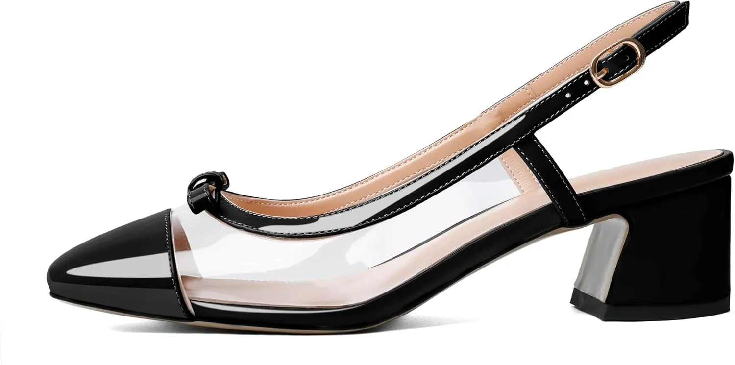 YODEKS Womens Slingback Heels Cap Toe Shoes Low Block Heel Clear Pumps Square Toe Buckle Dress Shoes 2 Inch for Office Party