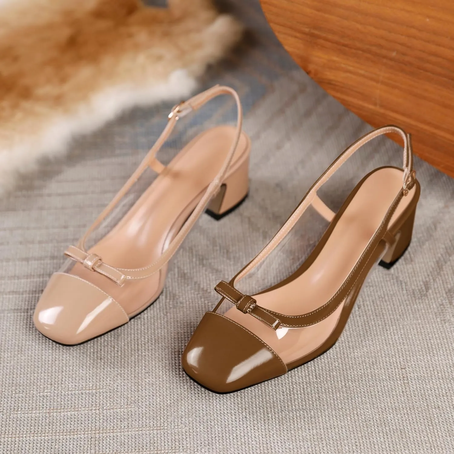 YODEKS Womens Slingback Heels Cap Toe Shoes Low Block Heel Clear Pumps Square Toe Buckle Dress Shoes 2 Inch for Office Party