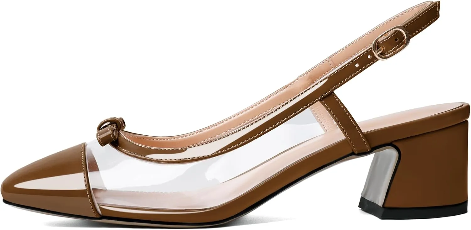 YODEKS Womens Slingback Heels Cap Toe Shoes Low Block Heel Clear Pumps Square Toe Buckle Dress Shoes 2 Inch for Office Party