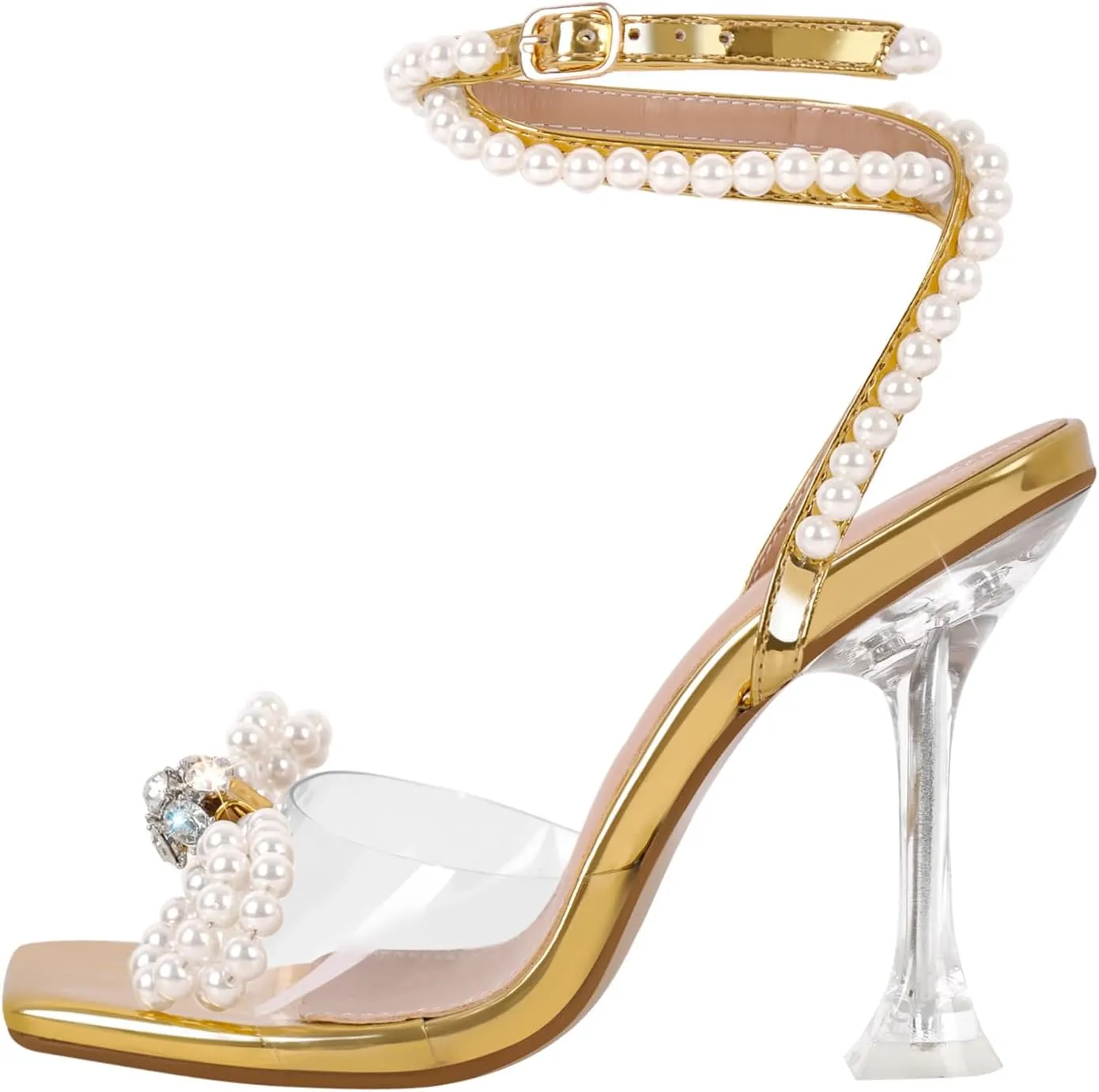 Yolkomo Women's Square Toe Clear Heels Sexy Rhinestone Bow Heels Open Toe Ankle Strap Stiletto High Heel Sandals