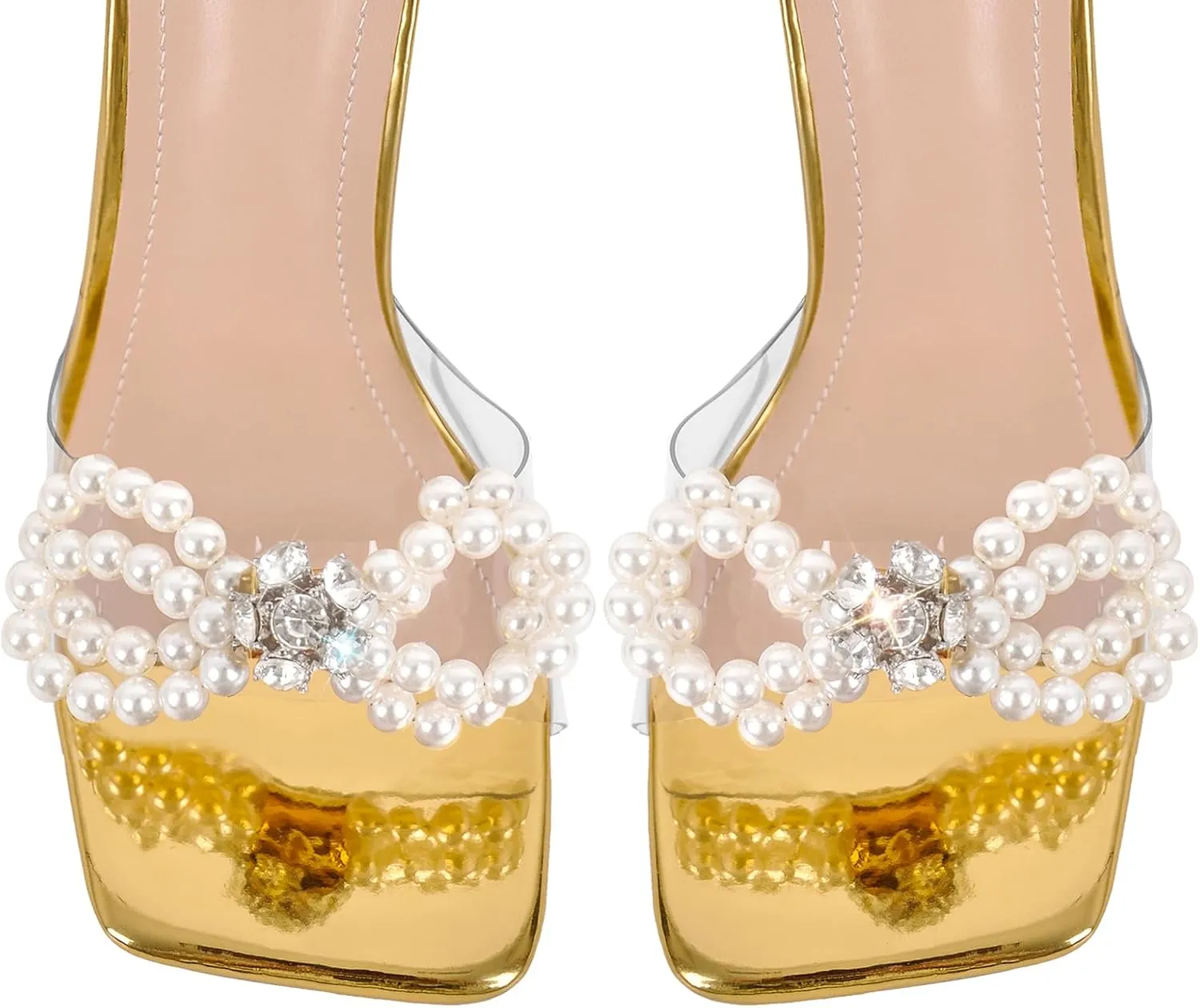 Yolkomo Women's Square Toe Clear Heels Sexy Rhinestone Bow Heels Open Toe Ankle Strap Stiletto High Heel Sandals