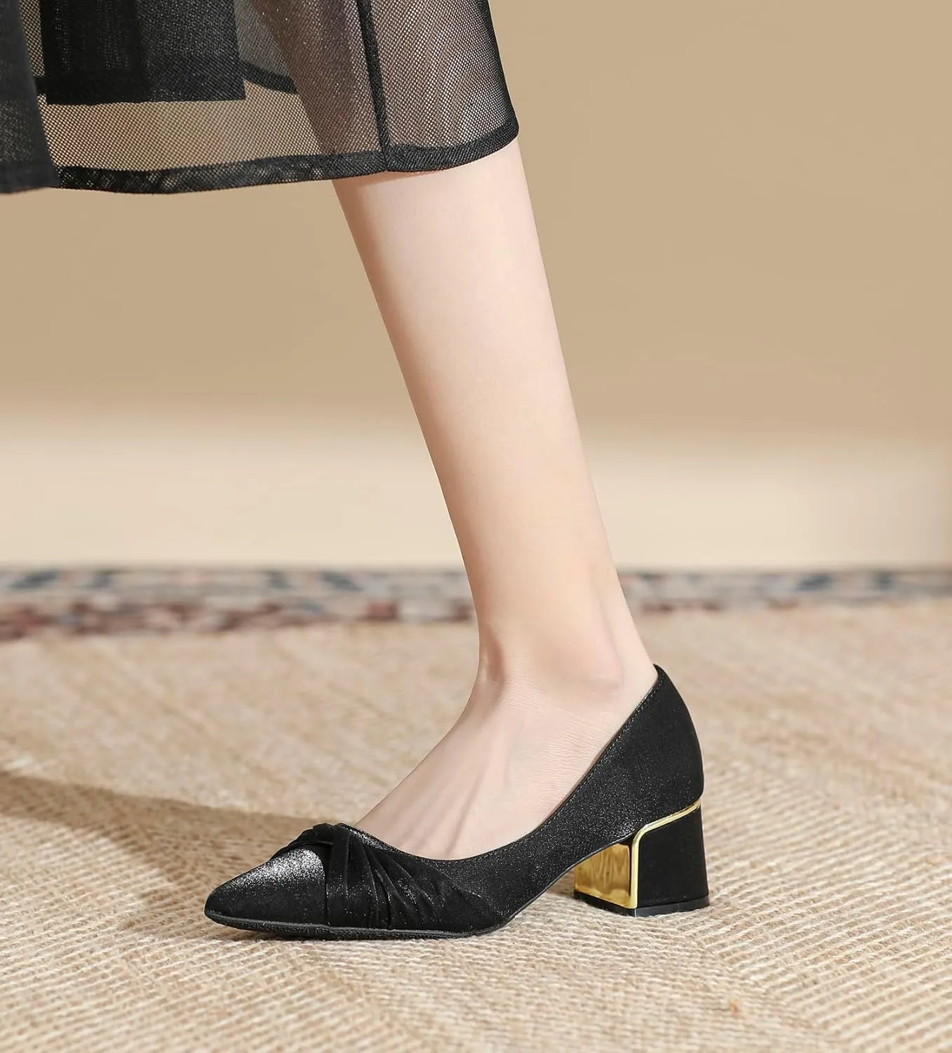YooPrettyz Women Closed Pointed Toe Wedding Pumps Satin Comfort Block Heels Pleated Bridal Dress Shoes