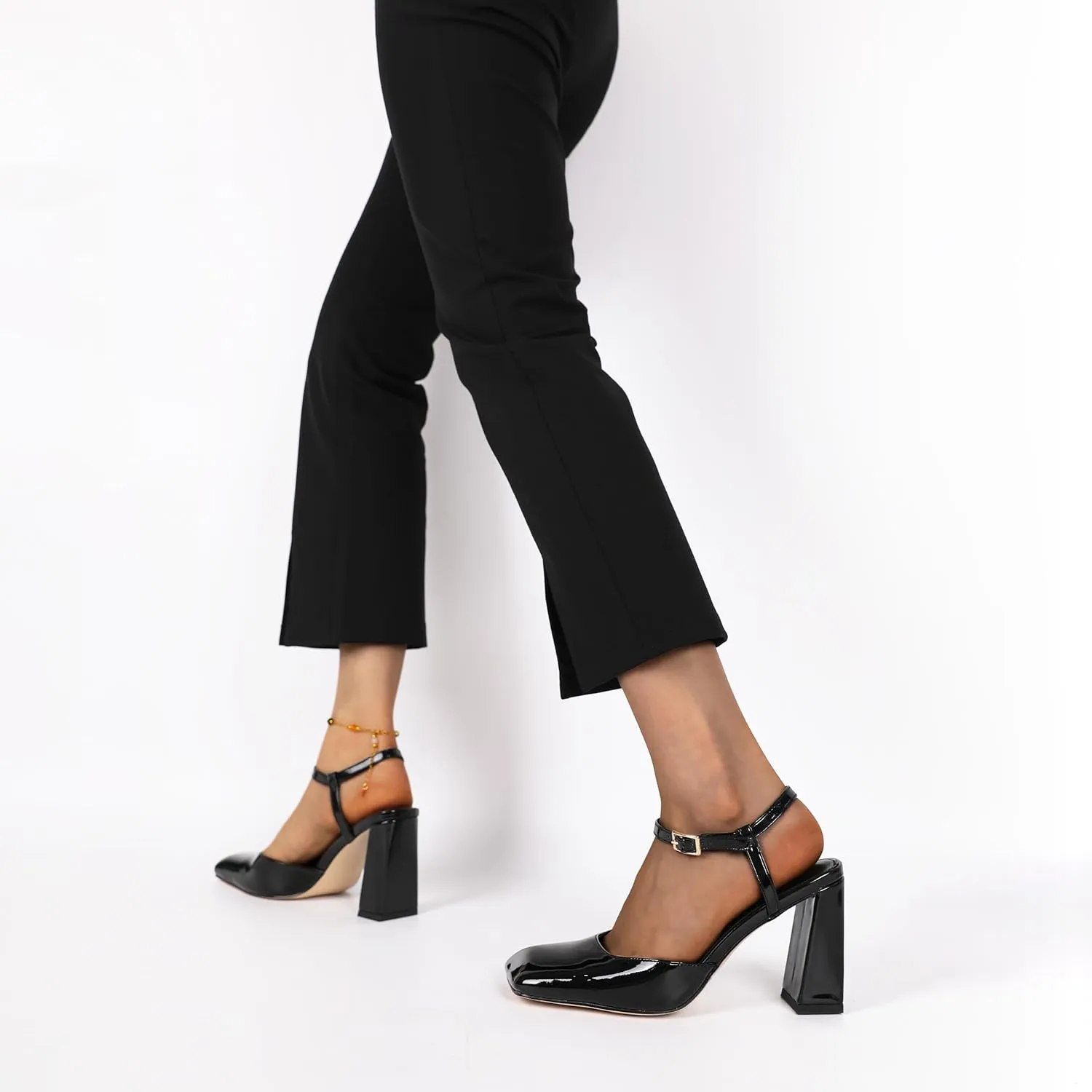 Zamikoo Womens Ankle Strap Square Toe Chunky Heel Pumps Shoes Dressy 3.5 Inches