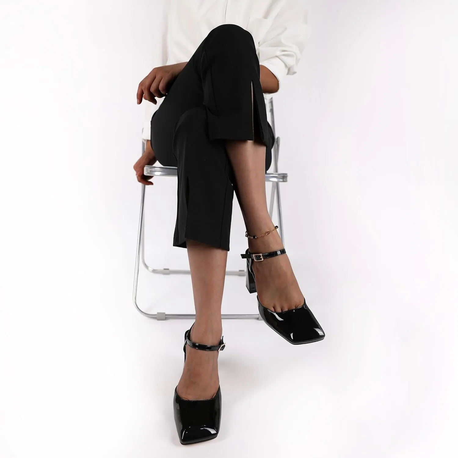 Zamikoo Womens Ankle Strap Square Toe Chunky Heel Pumps Shoes Dressy 3.5 Inches