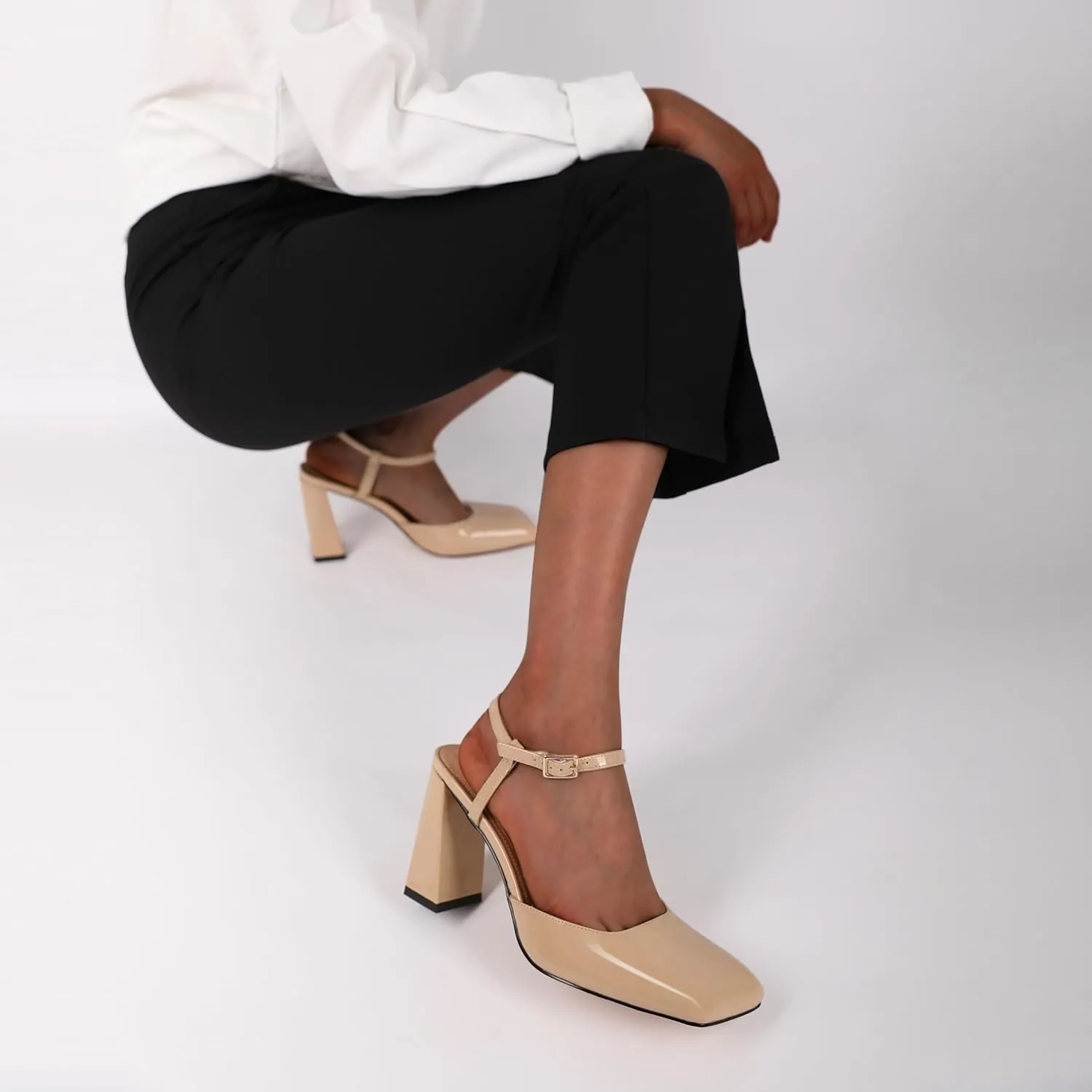Zamikoo Womens Ankle Strap Square Toe Chunky Heel Pumps Shoes Dressy 3.5 Inches