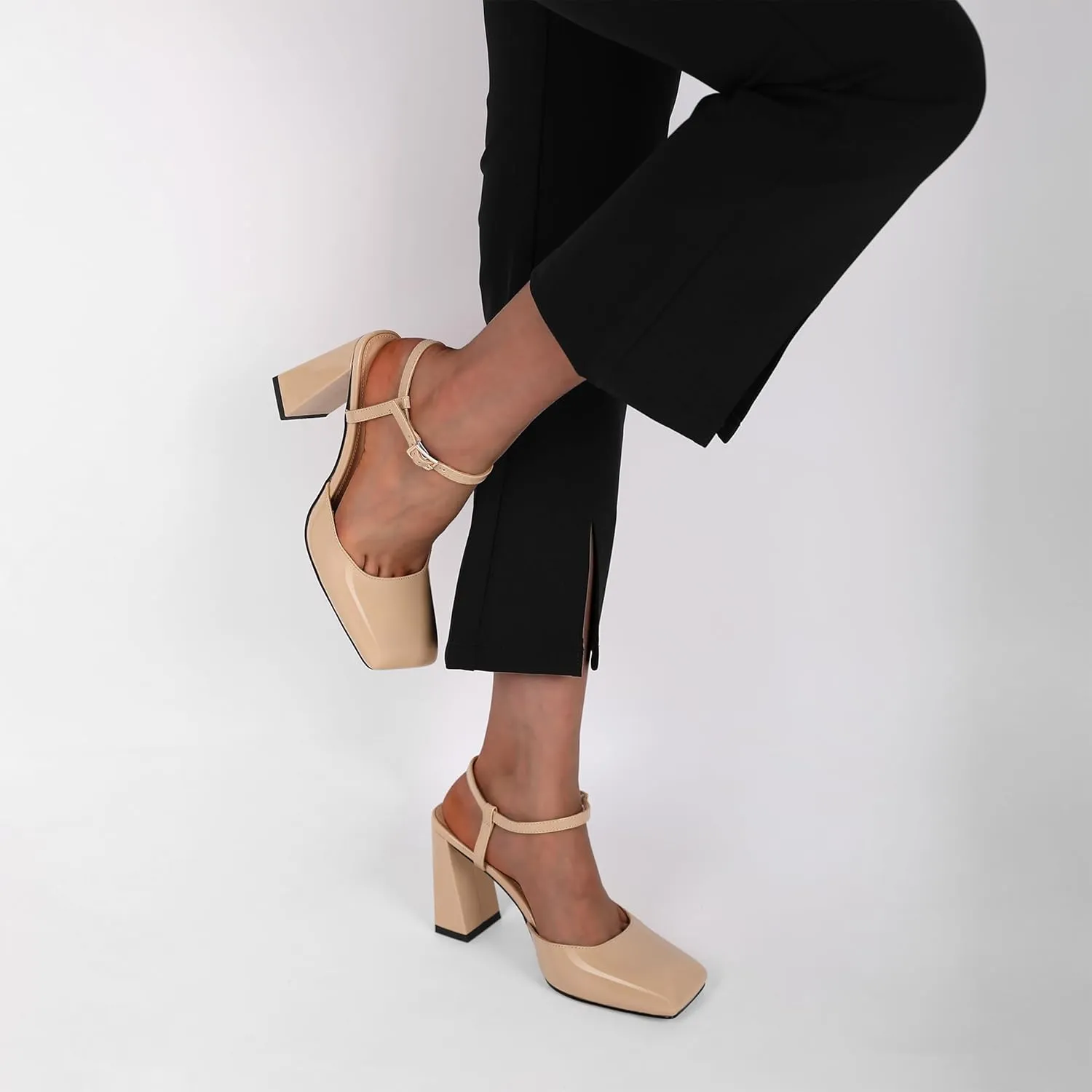 Zamikoo Womens Ankle Strap Square Toe Chunky Heel Pumps Shoes Dressy 3.5 Inches