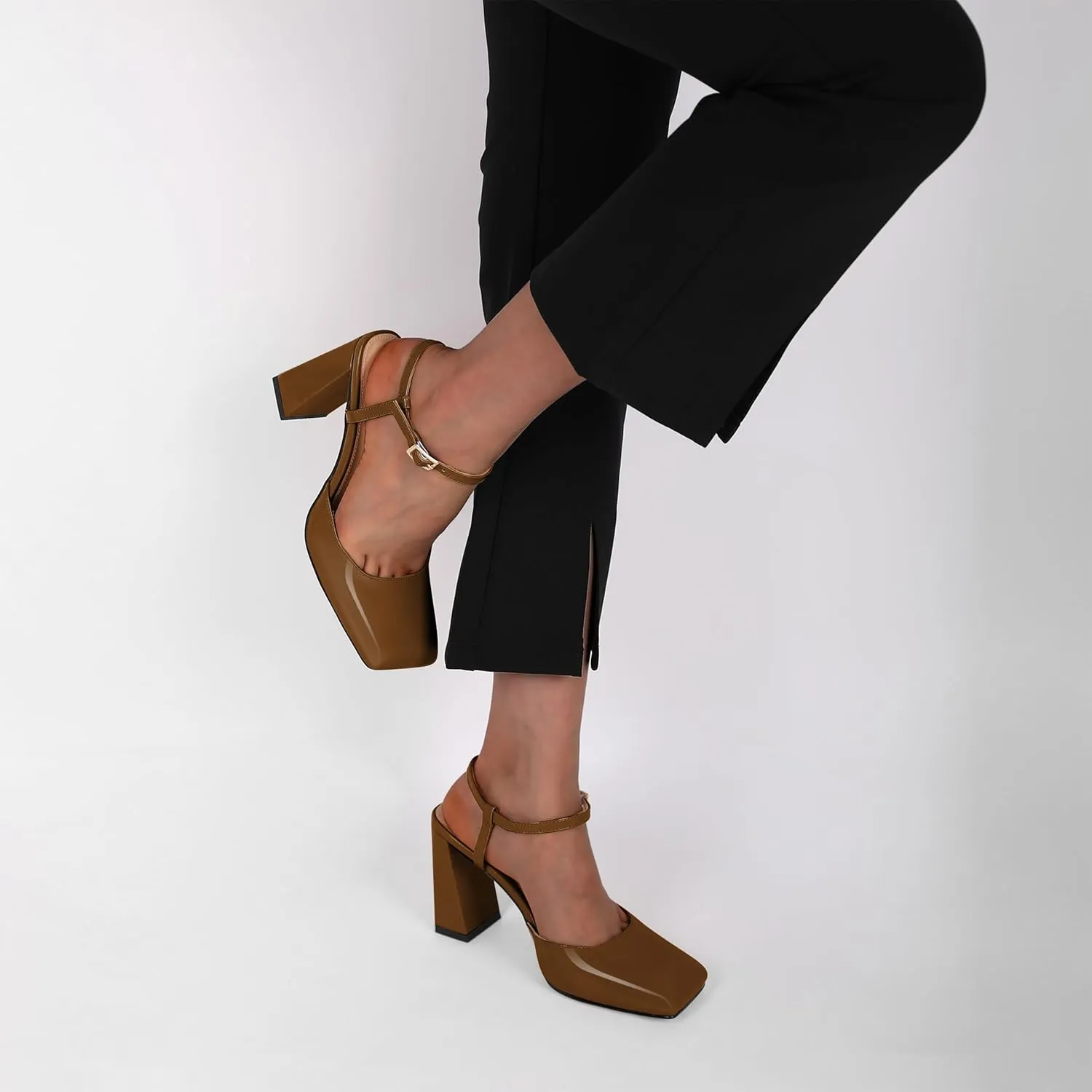 Zamikoo Womens Ankle Strap Square Toe Chunky Heel Pumps Shoes Dressy 3.5 Inches