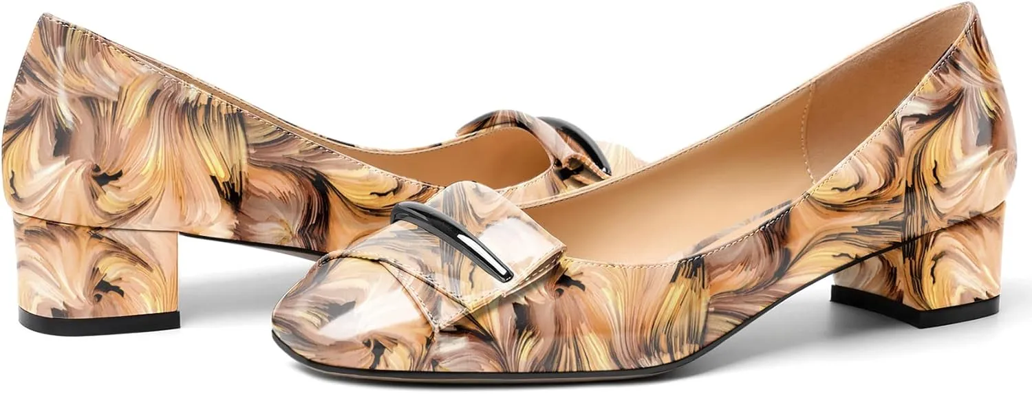 Zamikoo Women's Block Heel Pumps, Square Toe Slip-on Chunky Low Heels, Heeled Dress Shoes with Bow for Office Wedding Work Evening 1.5 Inches
