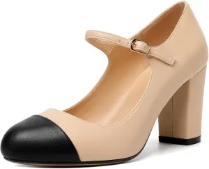 Zamikoo Women's Mary Jane Chunky High Heel Pumps, Round Cap Toe Block Heels with Adjustable Buckle, Chunky Heeld Mary Janes, 3.5 Inch Office Wedding Dress Shoes