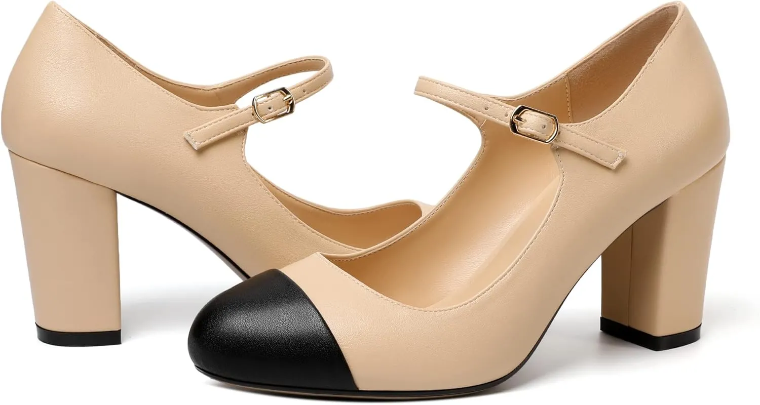 Zamikoo Women's Mary Jane Chunky High Heel Pumps, Round Cap Toe Block Heels with Adjustable Buckle, Chunky Heeld Mary Janes, 3.5 Inch Office Wedding Dress Shoes