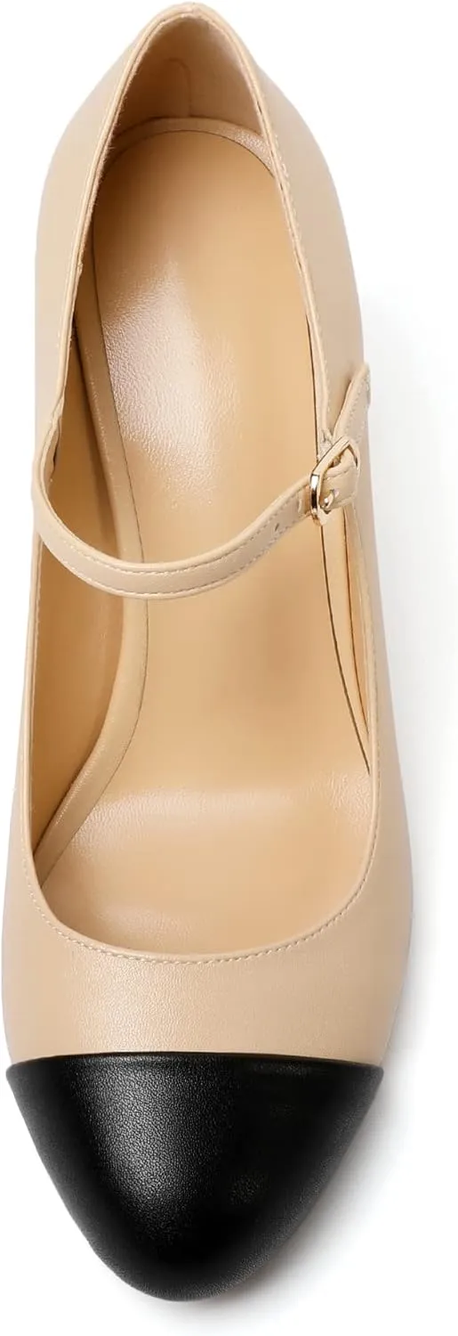 Zamikoo Women's Mary Jane Chunky High Heel Pumps, Round Cap Toe Block Heels with Adjustable Buckle, Chunky Heeld Mary Janes, 3.5 Inch Office Wedding Dress Shoes