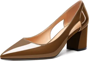 Zamikoo Women's Mid Block Heel Pumps, Pointed Toe Slip On Cutout Chunky Heels Ladies Office Event Party Dress Shoes 2.5 Inches