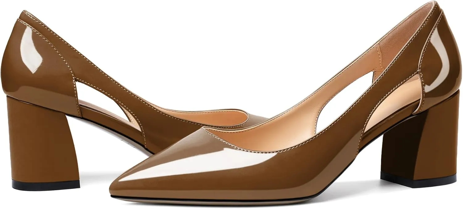 Zamikoo Women's Mid Block Heel Pumps, Pointed Toe Slip On Cutout Chunky Heels Ladies Office Event Party Dress Shoes 2.5 Inches