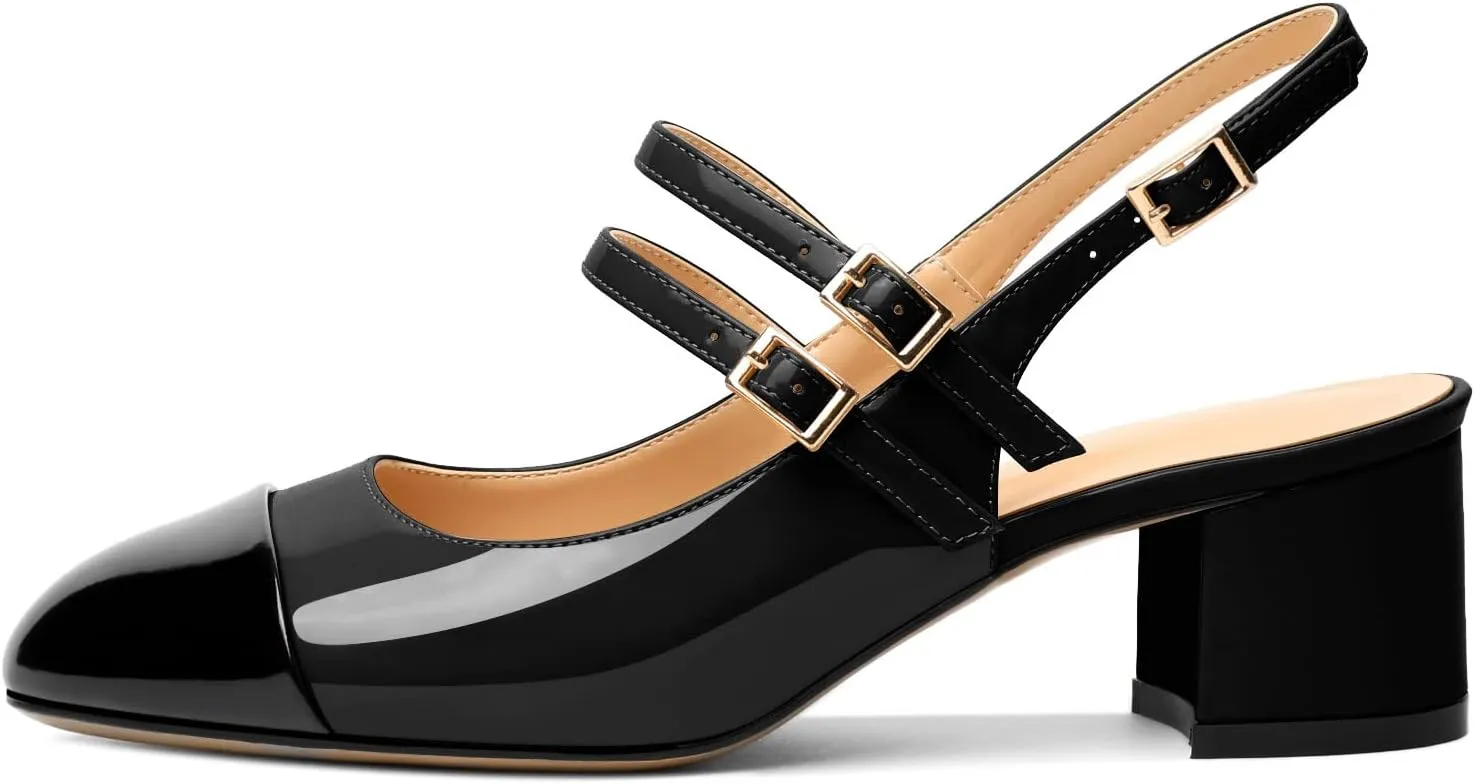 Zamikoo Women's Slingback Heels Round Cap Toe Low Block Heel Pumps with Adjustable Buckle, 2 Inches Heeled Sandals Office Dress Pumps Shoes