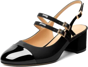 Zamikoo Women's Slingback Heels Round Cap Toe Low Block Heel Pumps with Adjustable Buckle, 2 Inches Heeled Sandals Office Dress Pumps Shoes