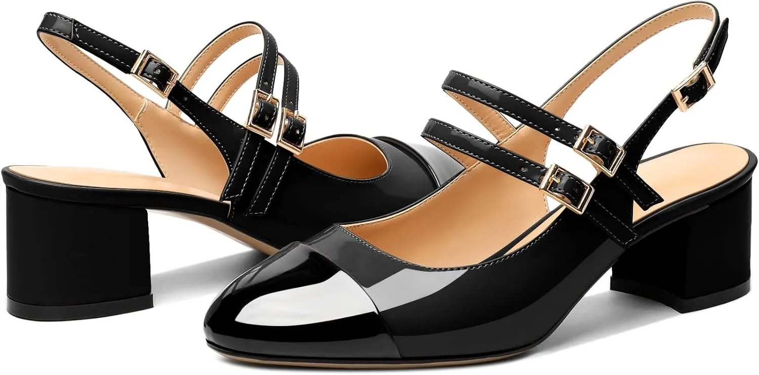Zamikoo Women's Slingback Heels Round Cap Toe Low Block Heel Pumps with Adjustable Buckle, 2 Inches Heeled Sandals Office Dress Pumps Shoes