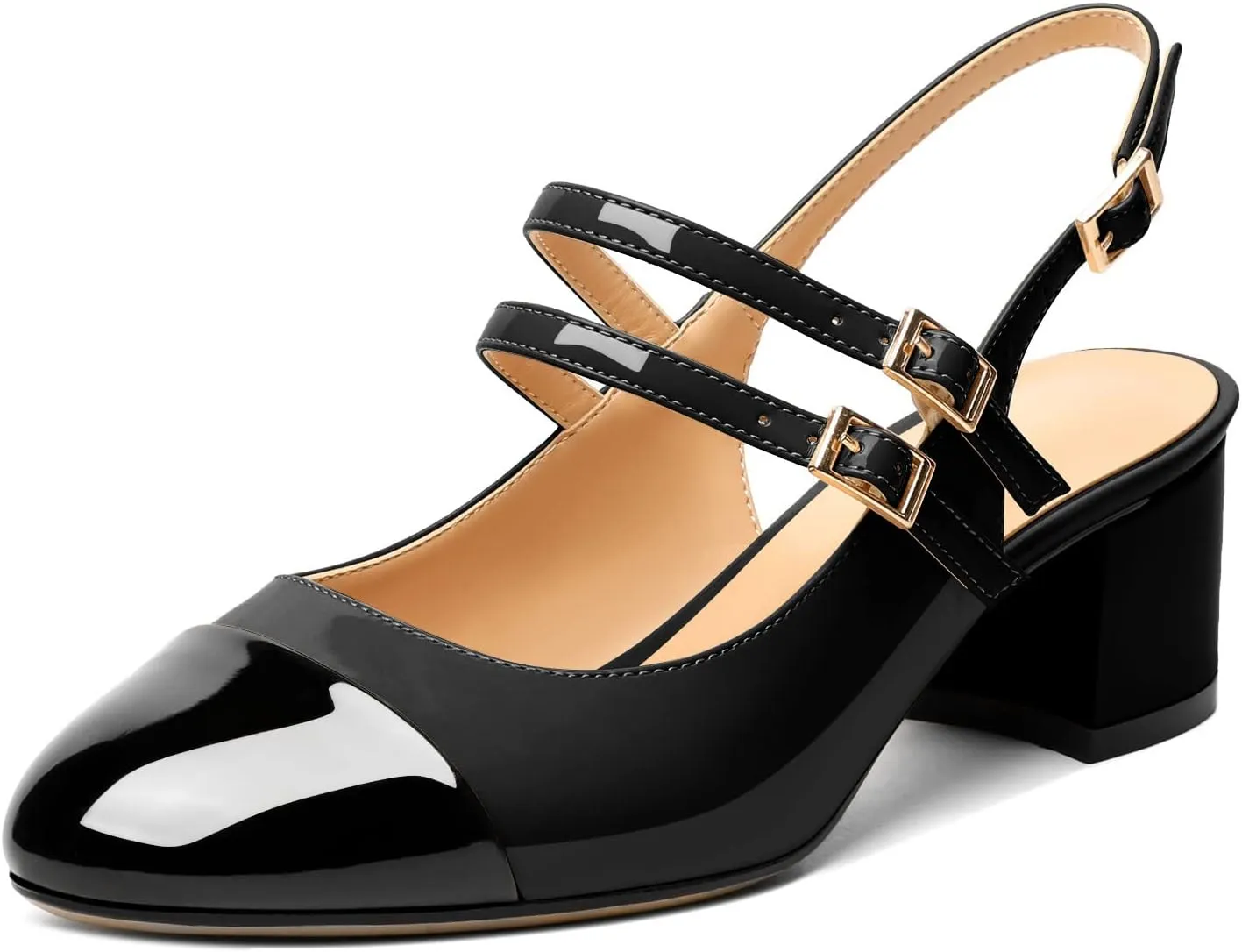 Zamikoo Women's Slingback Heels Round Cap Toe Low Block Heel Pumps with Adjustable Buckle, 2 Inches Heeled Sandals Office Dress Pumps Shoes