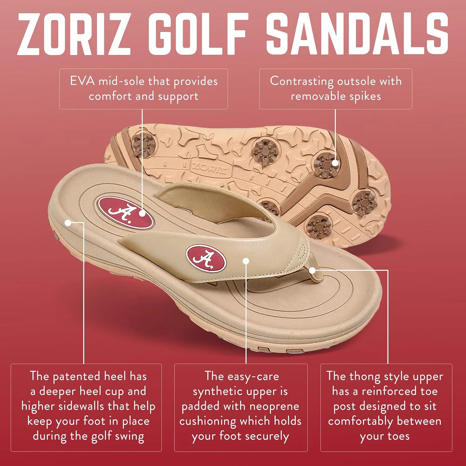 ZORIZ Collegiate Series Golf Sandals for Women and Men, Thong Flip Flops With Removable Spikes, Golf Footwear With Deeper Heel Cup and Higher Sidewalls