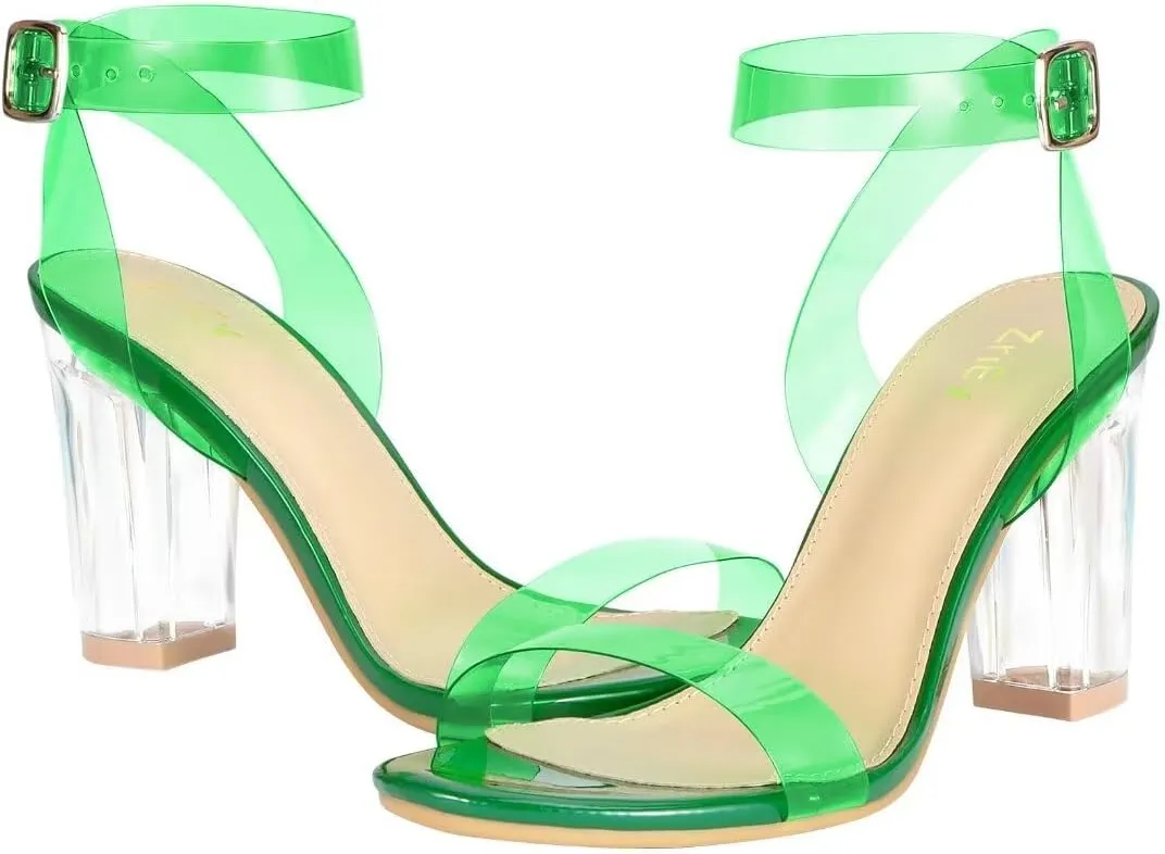 ZriEy Clear Block Sandals Chunky Heels for Women 3.35 Inch Open Toe Adjustable Ankle Strap Pump Sandals for Weddings Parties Daily Wear