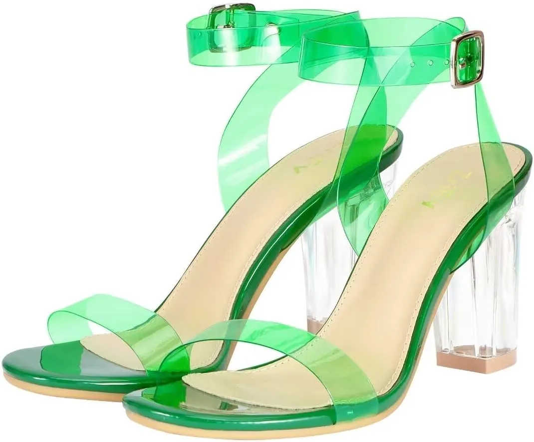 ZriEy Clear Block Sandals Chunky Heels for Women 3.35 Inch Open Toe Adjustable Ankle Strap Pump Sandals for Weddings Parties Daily Wear