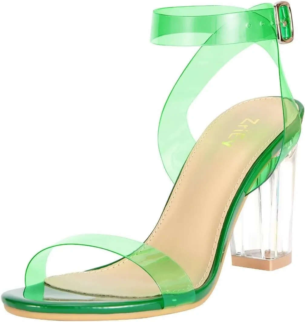 ZriEy Clear Block Sandals Chunky Heels for Women 3.35 Inch Open Toe Adjustable Ankle Strap Pump Sandals for Weddings Parties Daily Wear