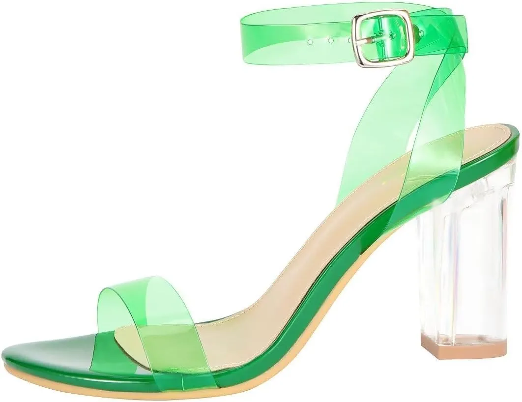 ZriEy Clear Block Sandals Chunky Heels for Women 3.35 Inch Open Toe Adjustable Ankle Strap Pump Sandals for Weddings Parties Daily Wear