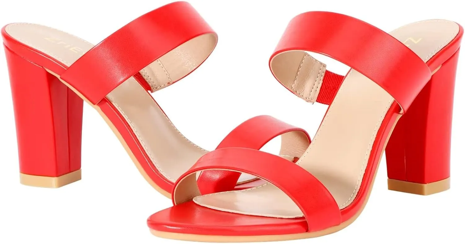 ZriEy Women's Chunky Block Open Toe Mid High Heeled Sandals Two Strap Slip on Heels Slide Sandals for Party Wedding Dress Dating Daily Pumps Shoes