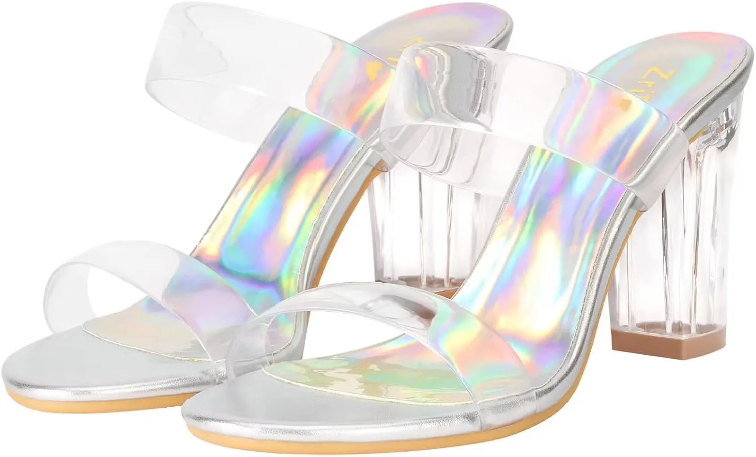 ZriEy Women's Chunky Block Open Toe Mid High Heeled Sandals Two Strap Slip on Heels Slide Sandals for Party Wedding Dress Dating Daily Pumps Shoes