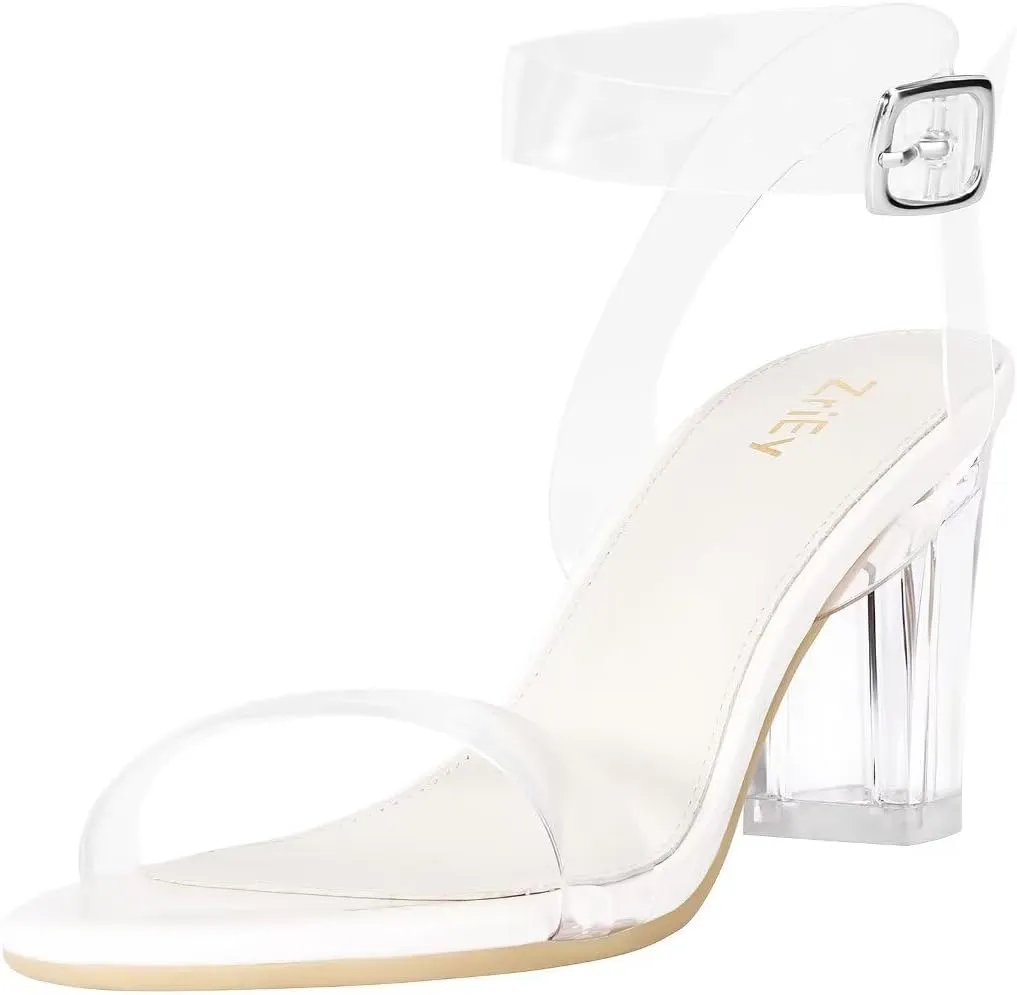 ZriEy Women's Clear Heels Chunky Block Mid High Heeled Sandals Open Toe Transparent Ankle Strap Dress Pump Shoes for Women in Daily Wear Party Wedding
