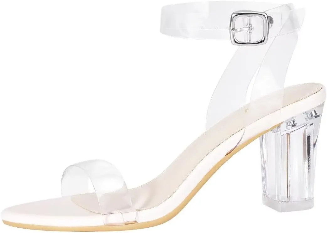 ZriEy Women's Clear Heels Chunky Block Mid High Heeled Sandals Open Toe Transparent Ankle Strap Dress Pump Shoes for Women in Daily Wear Party Wedding