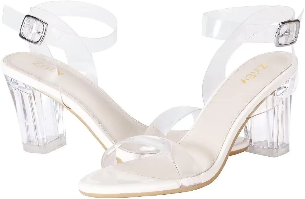ZriEy Women's Clear Heels Chunky Block Mid High Heeled Sandals Open Toe Transparent Ankle Strap Dress Pump Shoes for Women in Daily Wear Party Wedding