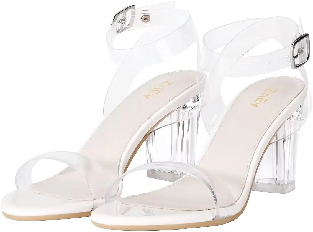 ZriEy Women's Clear Heels Chunky Block Mid High Heeled Sandals Open Toe Transparent Ankle Strap Dress Pump Shoes for Women in Daily Wear Party Wedding