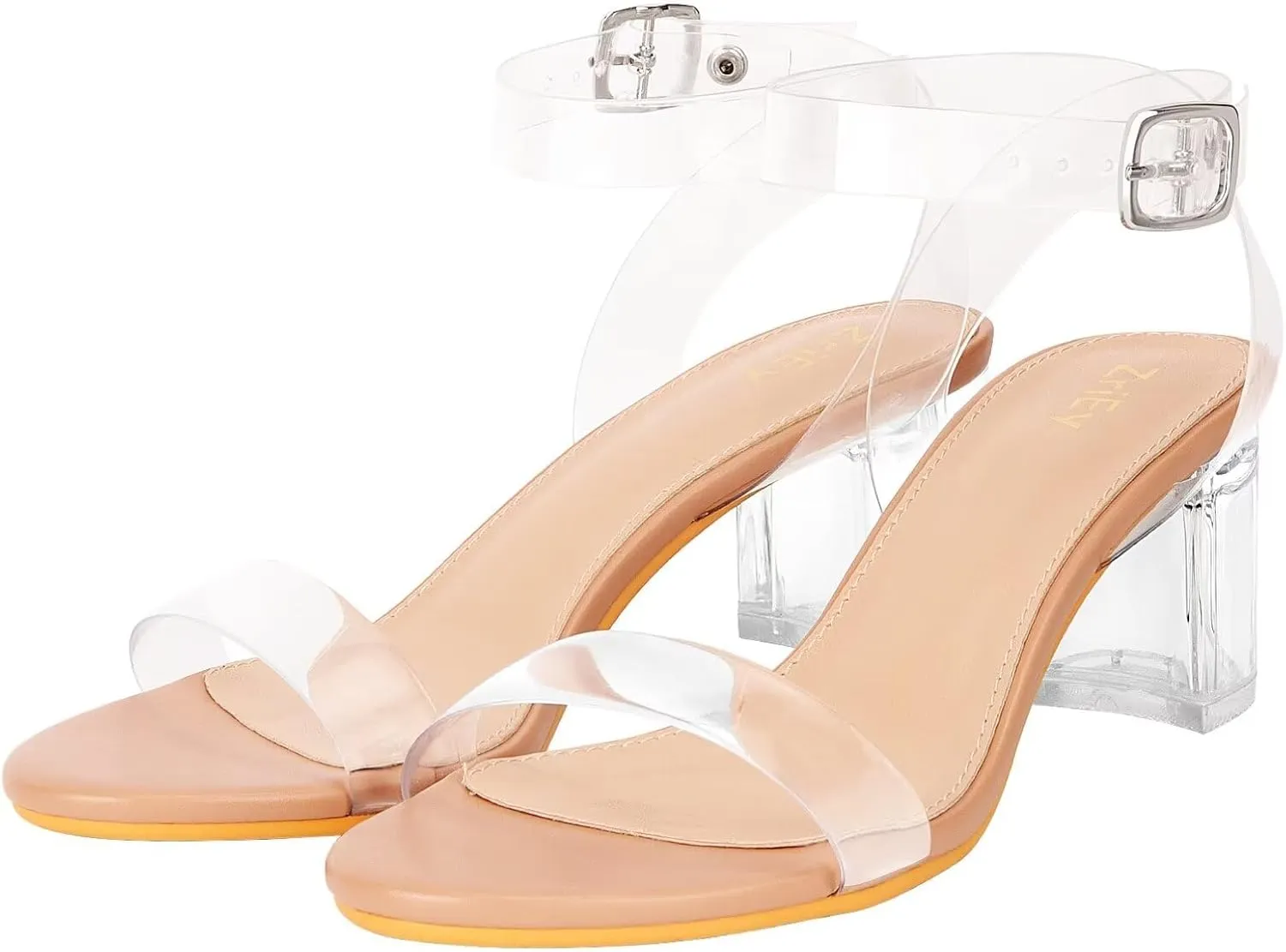 ZriEy Women's Clear Heels Strappy Chunky Block Heeled Sandals 2.2 Inch Open Toe Adjustable Ankle Strap Pump Sandals for Weddings Parties Daily Wear