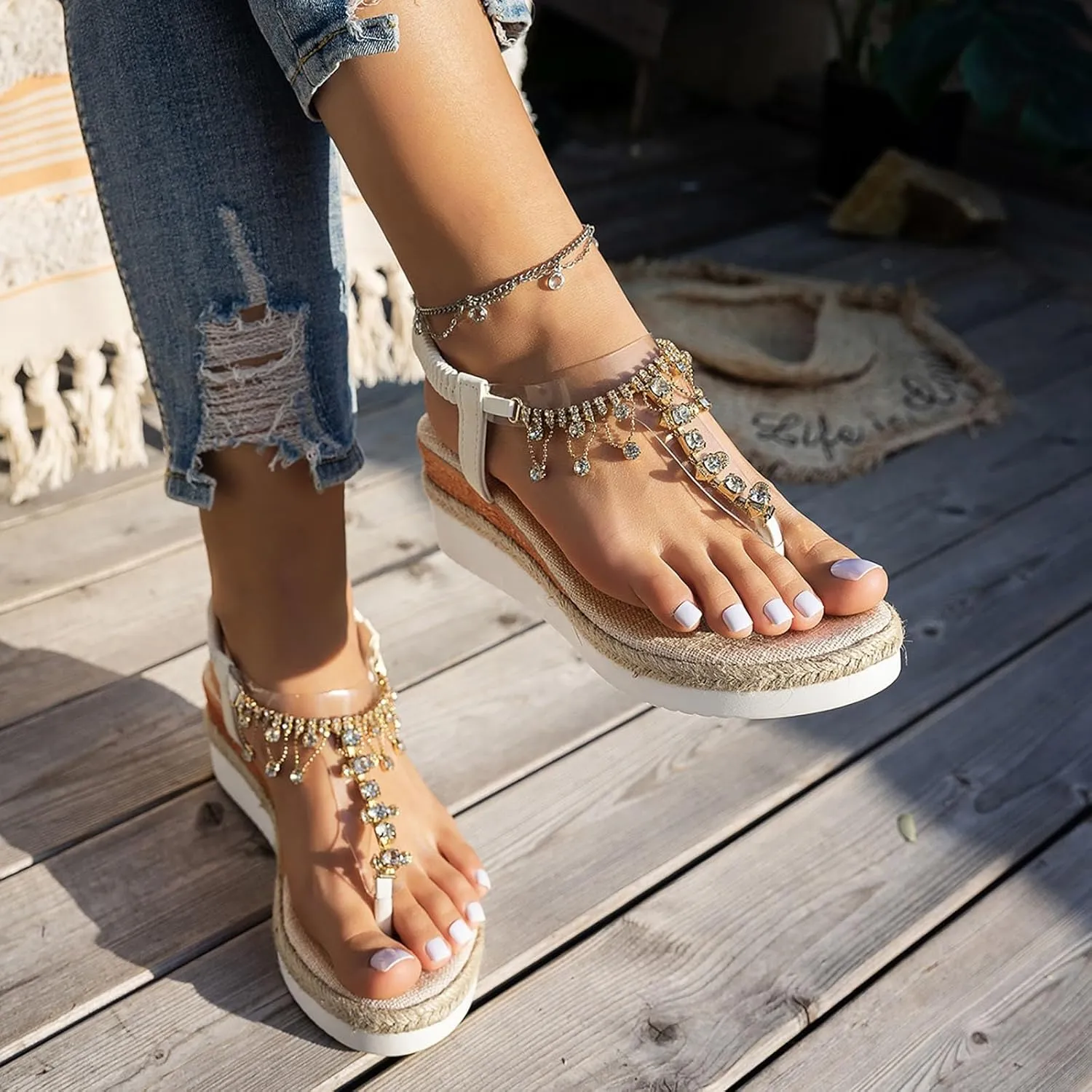 ZSpzx Rhinestone Sandals For Women Dressy Comfortable Open Toe T-Strap Beaded Bohemia Crystal Beach Sandal Slip On Summer Elastic Strap Orthopedic Casual Outdoor Walking Shoes for Daily Wear