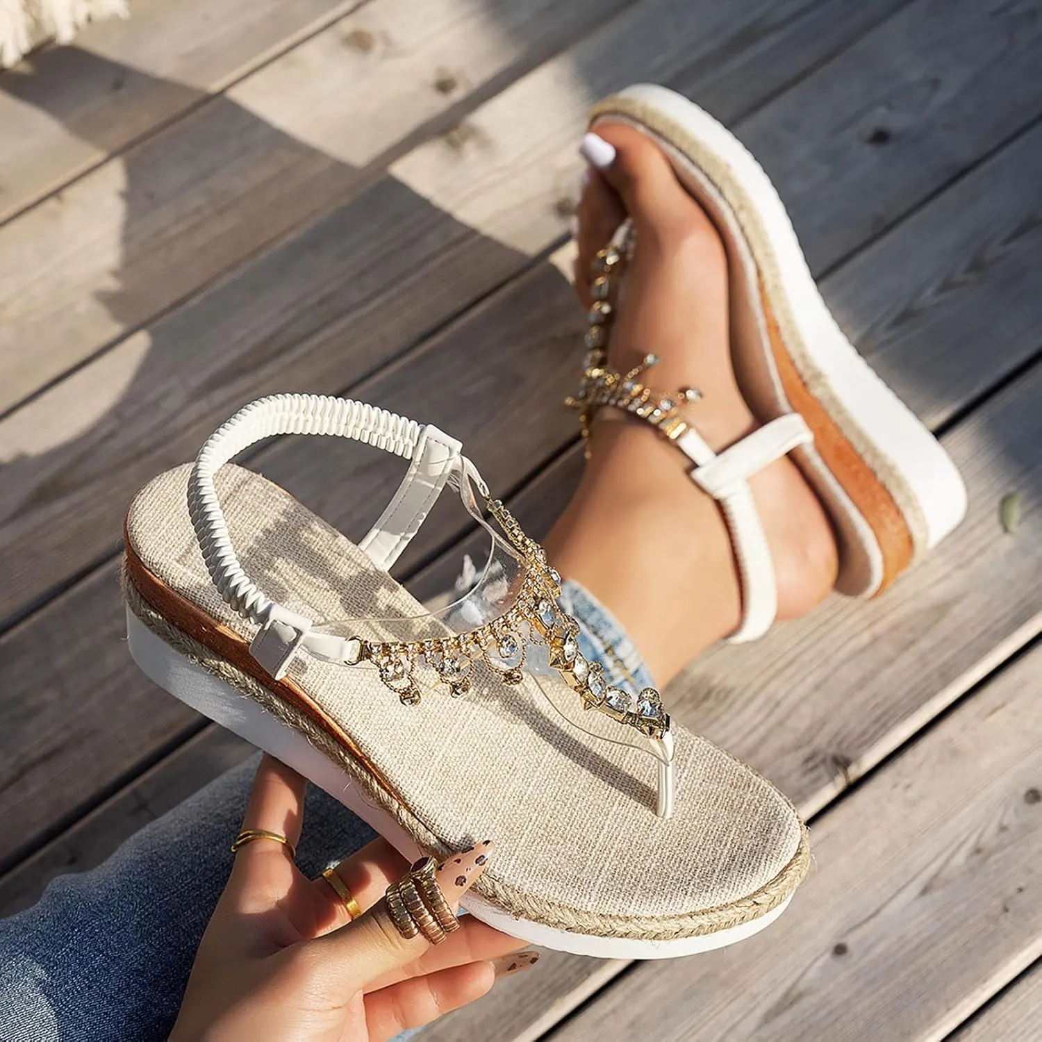 ZSpzx Rhinestone Sandals For Women Dressy Comfortable Open Toe T-Strap Beaded Bohemia Crystal Beach Sandal Slip On Summer Elastic Strap Orthopedic Casual Outdoor Walking Shoes for Daily Wear