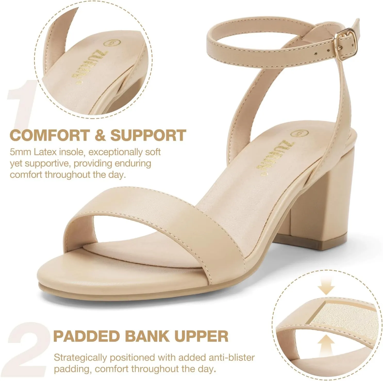 ZURIN Womens Low Block Chunky Heels Open Toe Ankle Strap Heeled Sandals Dress Pumps Shoes for Wedding Bridal Evening Party Homecoming Prom