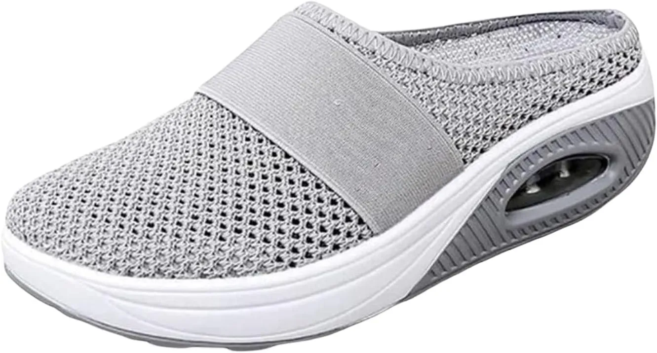 ZWRXW Womens Mules Slip On Walking Shoes Clogs and Mules Diabetic Slippers Non Slip Orthopedic Sneakers Mesh Upper Air Cushion Sneakers Closed Toe Wedge Sandals Casual Lightweight Breathable Slippers
